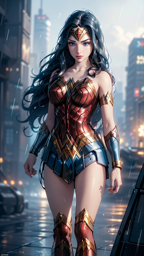 (Best Quality, The high resolution, Ultra - detailed, actual), Ariana Grande es wonder woman, (cloudy rain futuristic city cyberpunk background:1.4), (wonder woman V2.1), More detailed 8K, (unreal engine:1.4), UHD, (Best Quality:1.4), (photorealistic:1.4), (skin texture:1.4), (masterpiece:1.8), first work, Best Quality, object object], (detailed face features:1.3), (correct proportions), (Beautiful blue eyes:1.4), (cowboy pose), (wonder woman ciberpunk :1.4), (fingers detailed), (sinking alien invasion ships :1.4), (Alone), (miniskirt wonder woman), cowboy shot
