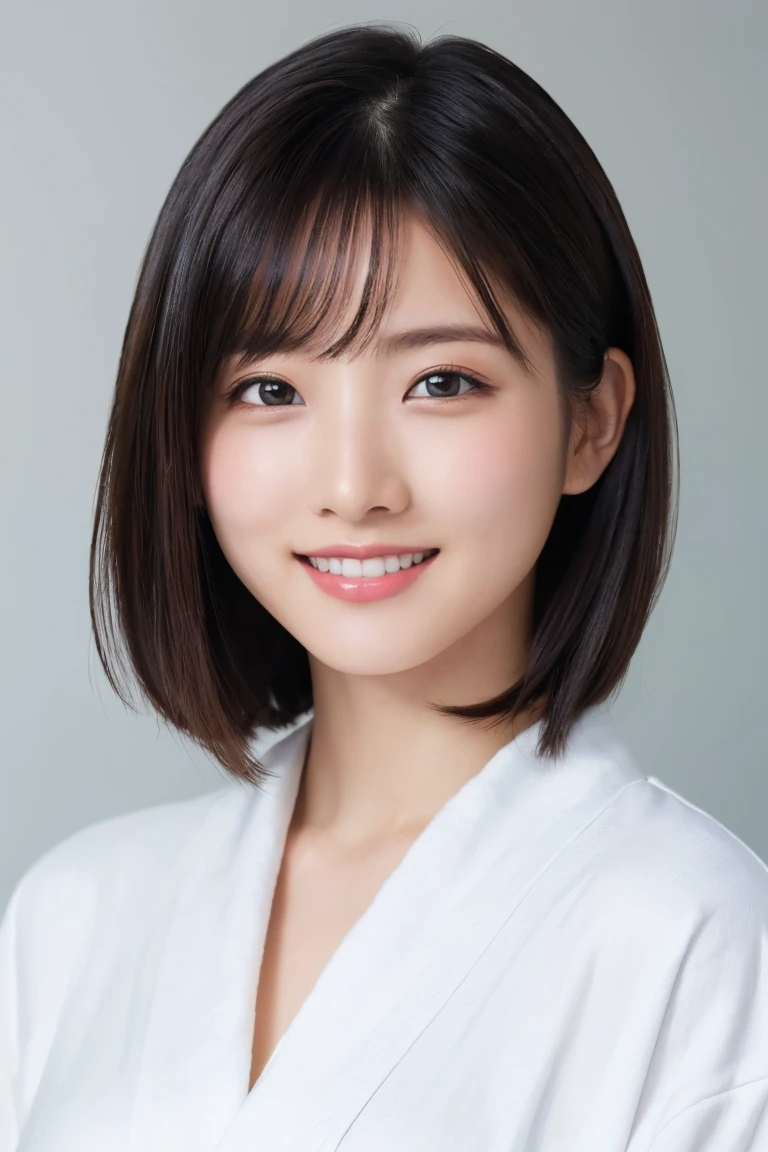 masterpiece, Highest quality, One Woman, (White bathrobe:1.2), Age 25、(RAW Photos, Highest quality), (reality, Realistic:1.4), Clean look、Iris、very detailed eyes and face, Beautiful and detailed nose, beautiful eyes, Perfect Anatomy, Black short hair、Wet Hair、bangs、Crystal skin, A happy smile、Face Focus、indoor、