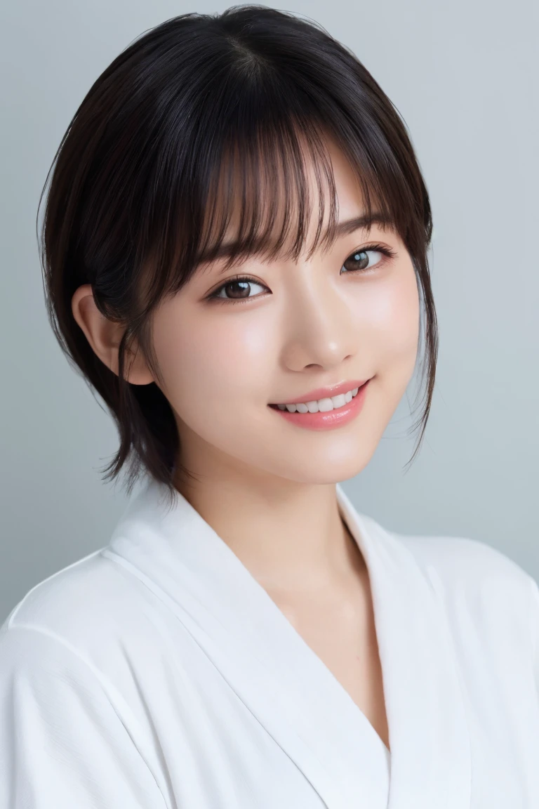 masterpiece, Highest quality, One Woman, (White bathrobe:1.2), Age 25、(RAW Photos, Highest quality), (reality, Realistic:1.4), Clean look、Iris、very detailed eyes and face, Beautiful and detailed nose, beautiful eyes, Perfect Anatomy, Black short hair、Wet Hair、bangs、Crystal skin, A happy smile、Face Focus、indoor、