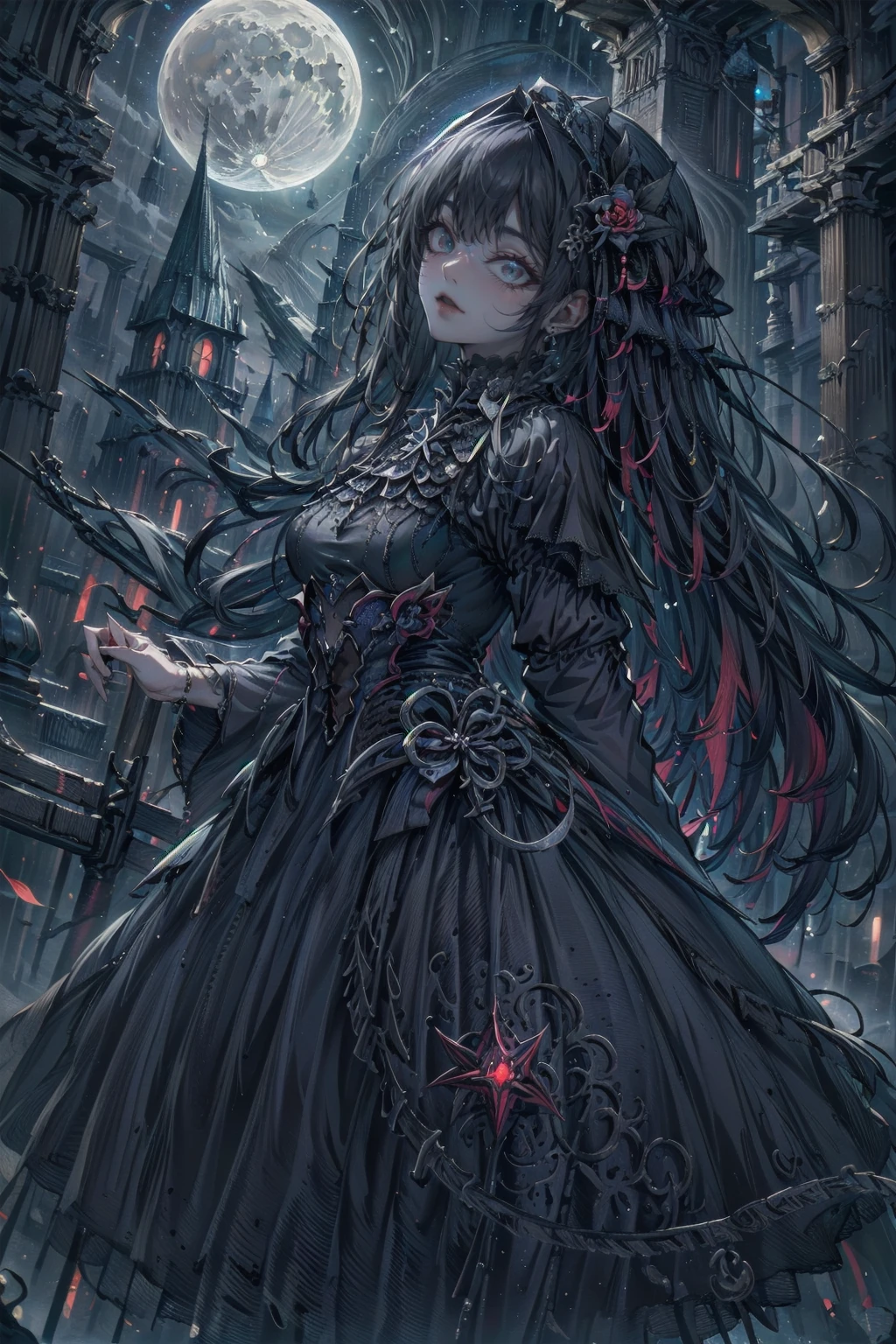 Attention to detail, Highest quality, 8k, [Super detailed], masterpiece, Highest quality, (Very detailed), Dynamic Angle, Ultra Wide Shot, Realistic, Dark Fantasy Art, Gothic art, Dark RPG Art, Realistic芸術, 女性の人間の聖職者のUltra Wide Angle写真, Grab the spear, Wearing a black cloak, Black leather suit, With star seal (intense details, masterpiece, Best details: 1.5), High heel boots, sacred symbols for casting spells, white magic seal (intense details, masterpiece, Best details: 1.5), Symbols of the stars and the moon, Blue light from the symbol, Blonde (intense details, masterpiece, Best details: 1.5), Long Hair, Braided hair, small, Strong Eyes, Green Eyes, Moon and stars background, (( Goth worship atmosphere)), moon light Attention to detail, Highest quality, High resolution, Ultra Wide Angle
