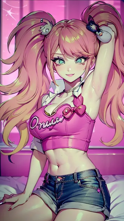 (orange hair), (1girl), green eyes, big lips, pretty lips, ((gyaru)), gyaru hairstyle, (pink crop top), (short jean skirt), ((ma...