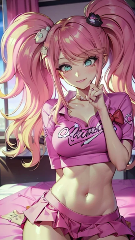 (orange hair), (1girl), green eyes, big lips, pretty lips, ((gyaru)), gyaru hairstyle, (pink crop top), (short jean skirt), ((masterpiece)), ((best quality)), soft shading, underboob peak, highres, smile, thick body, ((pink highlights)), luxury apartment, on bed, sexy POV,