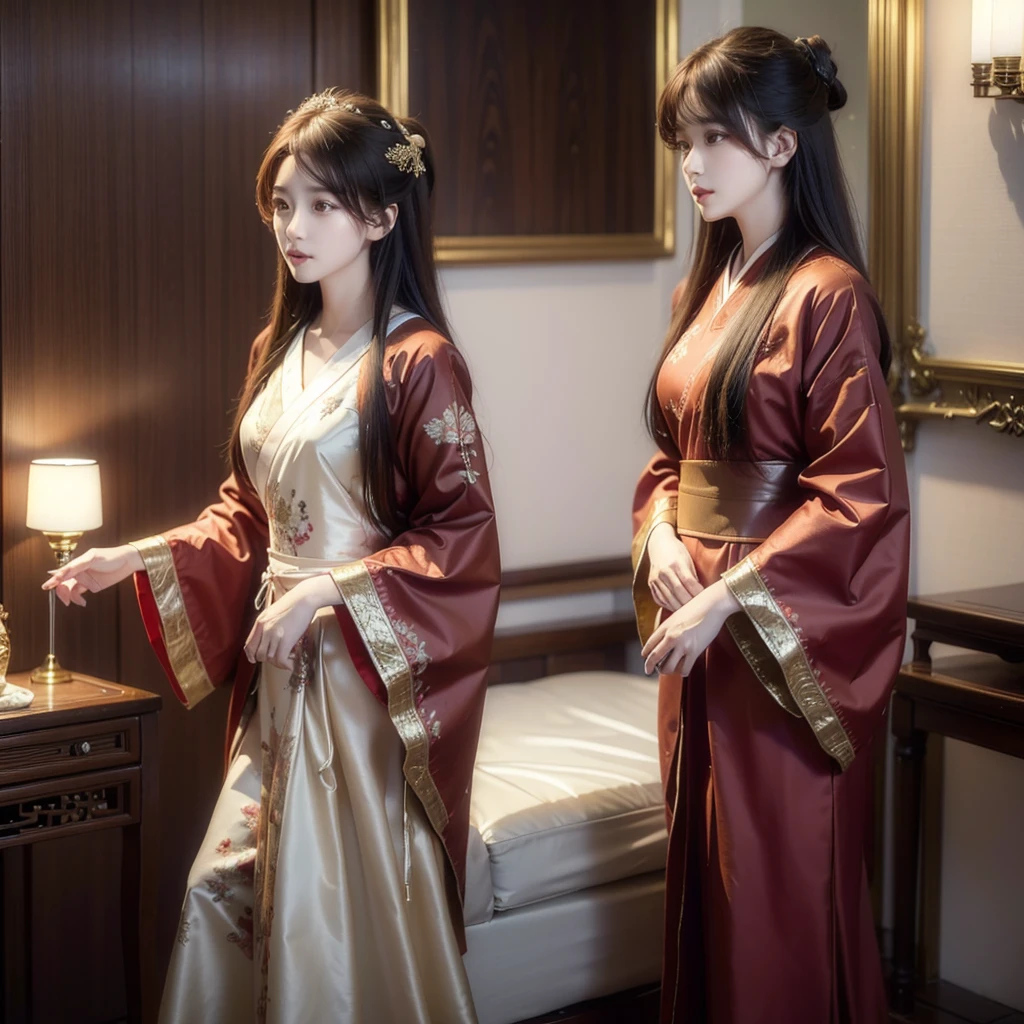 ((Highest quality)), ((masterpiece)), (detailed), （Perfect Face）、The woman is Ogiso Setsuna, with light brown, medium-long hair and a gorgeous red Chinese dress with gold embroidery and trim.