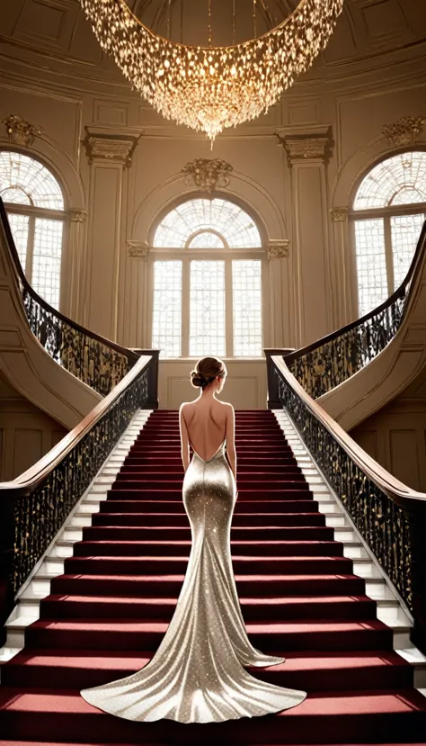 a woman in a shimmering, backless gown with a plunging neckline, standing at the top of a grand staircase, full-body portrait wi...