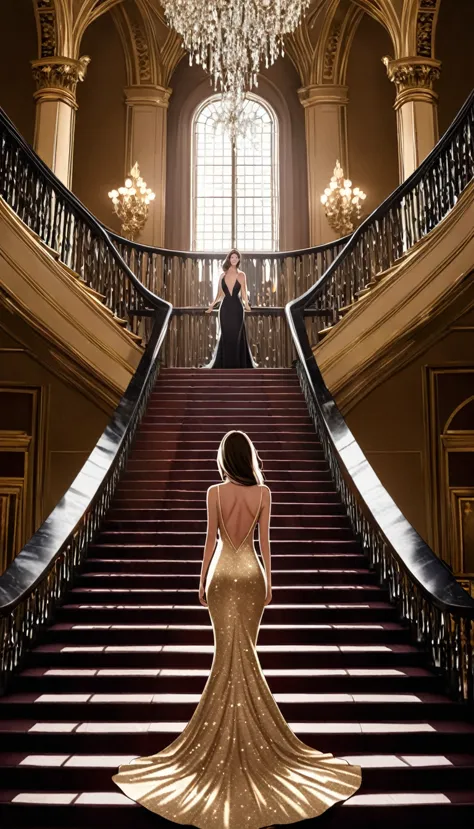 a woman in a shimmering, backless gown with a plunging neckline, standing at the top of a grand staircase, full-body portrait wi...