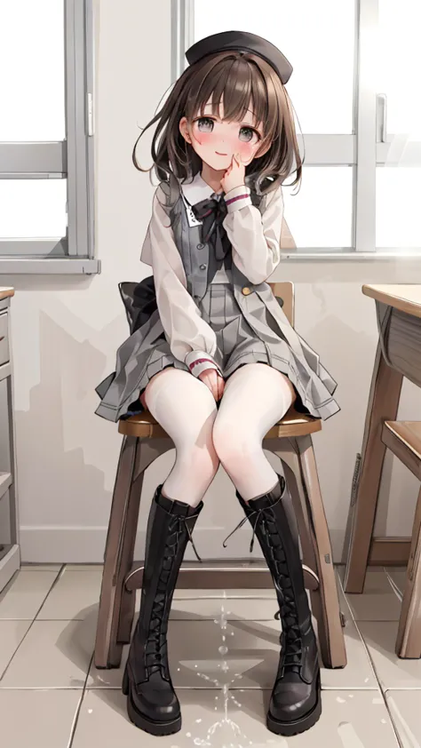 black lace-up boots，white pantyhose，blush害羞，classroom scene，girl，，((absurd)), ((on the table)), (highest quality), (lens flare),...