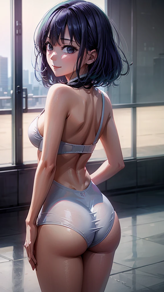 High resolution, ultra-sharp, 8k, masterpiece, Akane Kurokawa, looking at the viewer, Photography from behind, thick ass, wearing white thong, seductive smile, beautiful face, ashamed