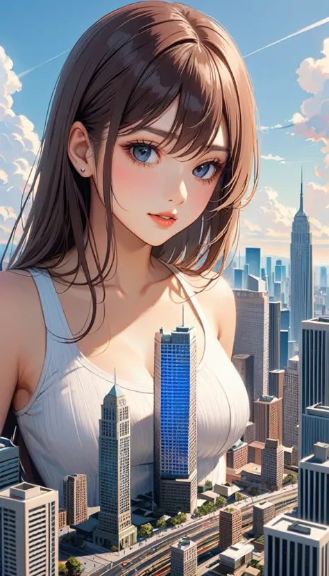 1girl,solo,portrait display,city,sky,giantess,building,