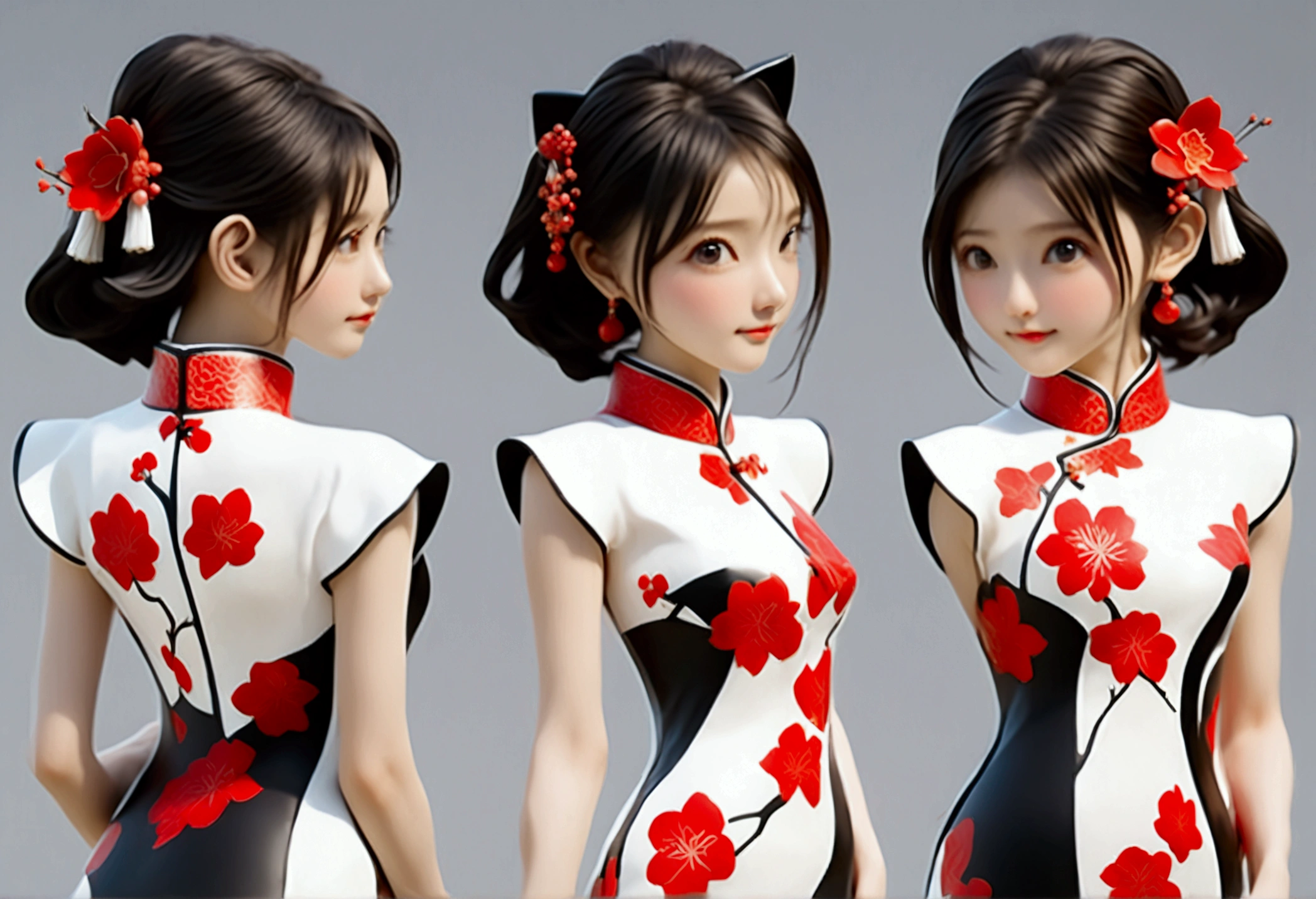 (((Mostrando la vista frontal del mismo diseño de figura IP de personaje 3D、Vista lateral、Vista trasera:1.5)))，Chica joven de moda，Vistiendo un moderno cheongsam teñido con tinta，Cheongsam de seda Atles de colores mezclados en blanco y negro con tinta，Cheongsam tótem uigur，Patrón de buganvilla roja，Estilo cheongsam que combina etnicidad y moda.，patrón retro chino，Lindo patrón floral，mangas de avión，mangas anchas，Mangas de globo，Mangas de pipa，Crea personajes de tendencia nacional en 3D.，Patrón delicado de buganvilla，Integración cultural multiétnica，Estilo chino tridimensional，Diseño de figura IP de personaje 3D de estilo chino.，Rostro ovalado perfectamente proporcionado，Textura de calidad ultraalta a nivel de película，iluminación global，（Estilo de cuerpo completo），((El mismo diseño de figura IP de personaje en 3D con la misma ropa y accesorios desde múltiples perspectivas，Vista frontal del mismo diseño de figura IP de personaje 3D，同一个3D人物IP手办设计的Vista lateral，同一个3D人物IP手办设计的Vista trasera))，
