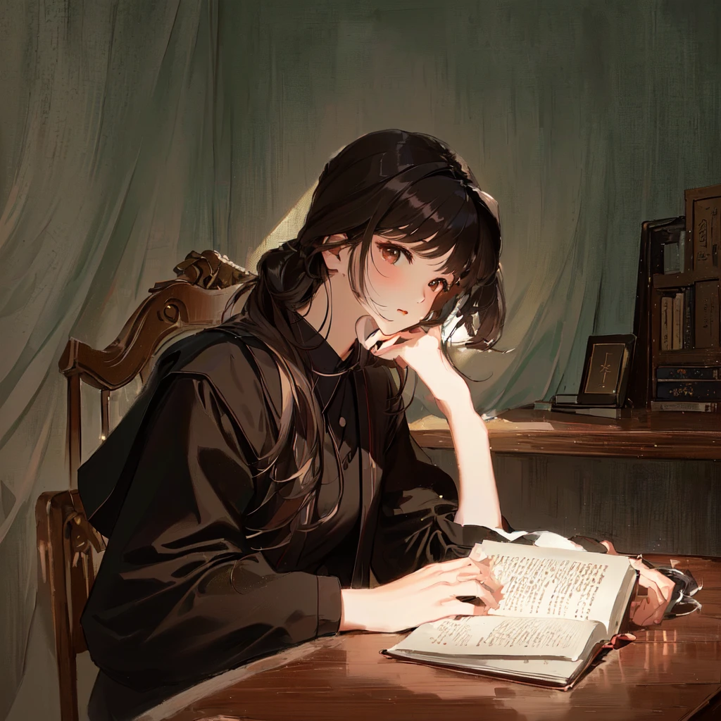 there is a woman sitting at a table reading a book, reading a book, reading new book, book portrait, reading, sakimichan, korean girl, ulzzang, by Yang J, studying, student, studious chiaroscuro, trying to read, infp girl, 🤤 girl portrait, by Li Song, by Mei Qing