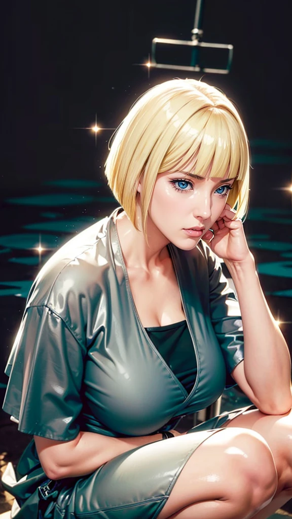 (（（Perfect body,White and tender skin,（（（BLACK KIMONO, CLEAVAGE, VAMBRACES,）））,（（（Samui, Blue eyes, blonde hair, short hair, bangs, blunt bangs,）））,((masterpiece)),high resolution, ((Best quality at best)),masterpiece,quality,Best quality,（（（ Exquisite facial features,Looking at the audience,There is light in the eyes,Poker face）））,Squatting，From below）））,（（（Light and shadow,Huge breasts，）））,（（（Looking at the camera,black background,)））),