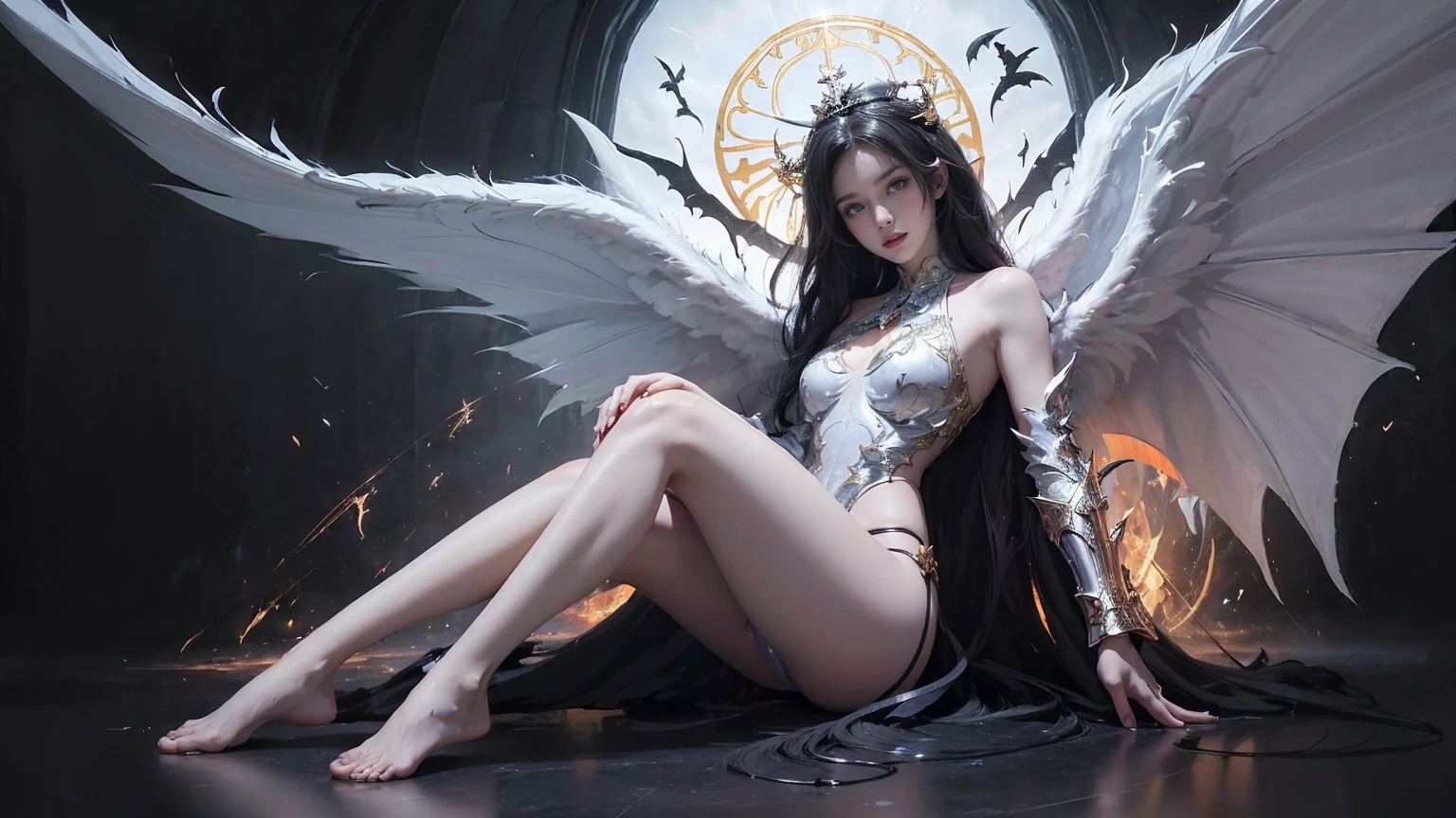 (Realistic picture, highest resolution, 16ก), (A demon god with wide wings and enormous power on his shoulders..., Twelve wings on the shoulders., black bat wings:1.3 white angel wings:1.5), 6 angel wings, 6 devil wings, (Beautiful girl with two meter long hair, shiny black hairงาม, Smooth white skin, Lips are very red.), ((stand, already)), (big breasts, หัวBig tits), (gigantic breast, breast augmentation, Breast 400 cc., small waist, hips raised, small thighs, Long legs), (dynamic poses), (Armor that slightly conceals the body), Separate theme, (Angel wings and devil wings), floating in the air above the groundดิน, background darkness, Embraced with twelve wings, wearing a large king crown, crown shining bright, wears little armor, There is power coming out of the body., sparkling wings, white light black light, amazing wings, beautiful gesture, 8K resolution, Resolution 4000 x 2250 pixels, beautiful gesture, Angel wings and devil wings, (Realistic picture, highest resolution, 16K), (A demon god with wide wings and enormous power on his shoulders.., Twelve wings on the shoulders., black bat wings:1.3 white angel wings:1.5), Have wings 100 Have wings 1000, Angel wings and bat wings, wings inserted between wings, 12 wings, 6 angel wings, 6 bat wings, (Beautiful girl with two meter long hair, shiny black hair, Smooth white skin, Lips are very red.), very long hair, ((stand, toe)), (big breastsโต, หัวBig tits), (gigantic breast, small waist, hips raised, small thighs, Long legs), (dynamic poses), (black and white leotard, There are beautiful patterns., Decorated with gold embroidery., Show off your chest), Separate theme, (Angel Wings and Demon Lord Wings), floating in the air above the ground, background darkness, Embraced with twelve wings, white and black light crown, A rainbow glow on the back of the head, The most busty breasts, Big tits, universe backdrop, dynamic gesture.