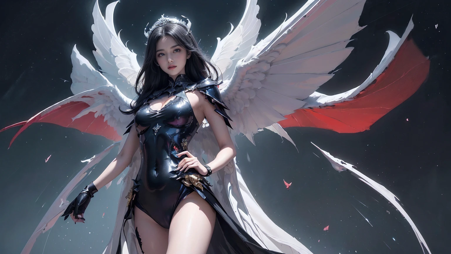 (Realistic picture, highest resolution, 16ก), (A demon god with wide wings and enormous power on his shoulders..., Twelve wings on the shoulders., black bat wings:1.3 white angel wings:1.5), 6 angel wings, 6 devil wings, (Beautiful girl with two meter long hair, shiny black hairงาม, Smooth white skin, Lips are very red.), ((stand, already)), (big breasts, หัวBig tits), (gigantic breast, breast augmentation, Breast 400 cc., small waist, hips raised, small thighs, Long legs), (dynamic poses), (Armor that slightly conceals the body), Separate theme, (Angel wings and devil wings), floating in the air above the groundดิน, background darkness, Embraced with twelve wings, wearing a large king crown, crown shining bright, wears little armor, There is power coming out of the body., sparkling wings, white light black light, amazing wings, beautiful gesture, 8K resolution, Resolution 4000 x 2250 pixels, beautiful gesture, Angel wings and devil wings, (Realistic picture, highest resolution, 16K), (A demon god with wide wings and enormous power on his shoulders.., Twelve wings on the shoulders., black bat wings:1.3 white angel wings:1.5), Have wings 100 Have wings 1000, Angel wings and bat wings, wings inserted between wings, 12 wings, 6 angel wings, 6 bat wings, (Beautiful girl with two meter long hair, shiny black hair, Smooth white skin, Lips are very red.), very long hair, ((stand, toe)), (big breastsโต, หัวBig tits), (gigantic breast, small waist, hips raised, small thighs, Long legs), (dynamic poses), (black and white leotard, There are beautiful patterns., Decorated with gold embroidery., Show off your chest), Separate theme, (Angel Wings and Demon Lord Wings), floating in the air above the ground, background darkness, Embraced with twelve wings, white and black light crown, A rainbow glow on the back of the head, The most busty breasts, Big tits, universe backdrop, dynamic gesture.