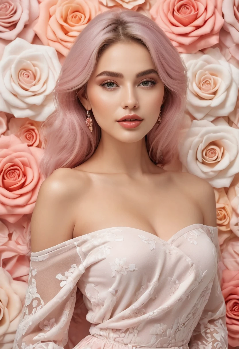 Feminine, high detail and quality, 8K Ultra HD, 3D, beautiful woman, looking at the camera, lean your body slightly, plump, night, mysterious rose, fashion magazine cover, seamless pattern, neutral pastel colors, mysterious off-white world, fabric art, art station, (a large number of detailed designs in pastel style that combine magic and fantasy, splashes: 1.3), wallpaper design aesthetics, white tones, realistic, super realistic, full color and impressive.