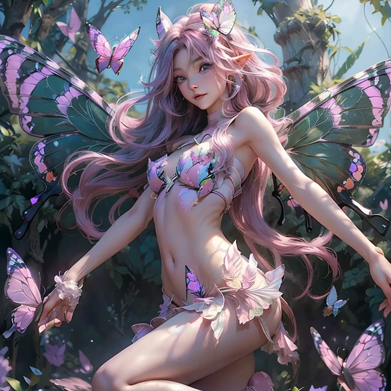 ((masterpiece, Highest quality, Best image quality, High resolution, Realistic, RAW Photos, 8k))Nude fairy woman with long hair, ((Highly detailed CG synthesis 8k wallpaper))、(((Pointy nipples)))、(Tinkerbell)、Fantasy、((sky divingしている裸の妖精:1.5))、Extra Straight Long Hair、Fair skin、(Jumping)、(sky diving)、pastel pink hair color、Long hair elf fairy girl、Young female fairy、18-year-old、Cute Fairy、kind eyes、The body is slim、slenderな体、The crotch is open、The gap between the thighs、slender、Narrow waist、Thin legs、Overall image、Floating Figure、front、Rainbow colored see-through fabric、Shaved、Small breasts、((Flying with large butterfly wings:1.5))、((The entire body is in the frame))、((Floating in the center of the screen:1.5))