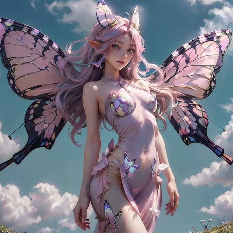 ((masterpiece, Highest quality, Best image quality, High resolution, Realistic, RAW Photos, 8k))Nude fairy woman with long hair, ((Highly detailed CG synthesis 8k wallpaper))、(((Pointy nipples)))、(Tinkerbell)、Fantasy、((sky divingしている裸の妖精:1.5))、Extra Straight Long Hair、Fair skin、(Jumping)、(sky diving)、pastel pink hair color、Long hair elf fairy girl、Young female fairy、18-year-old、Cute Fairy、kind eyes、The body is slim、slenderな体、The crotch is open、The gap between the thighs、slender、Narrow waist、Thin legs、Overall image、Floating Figure、front、Rainbow colored see-through fabric、Shaved、Small breasts、((Flying with large butterfly wings:1.5))、((The entire body is in the frame))、((Floating in the center of the screen:1.5))