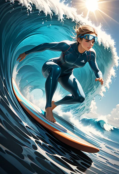 
               Anatomically perfect surfer wearing blue wetsuit and goggles riding huge waves featuring sunlight hitting the oc...