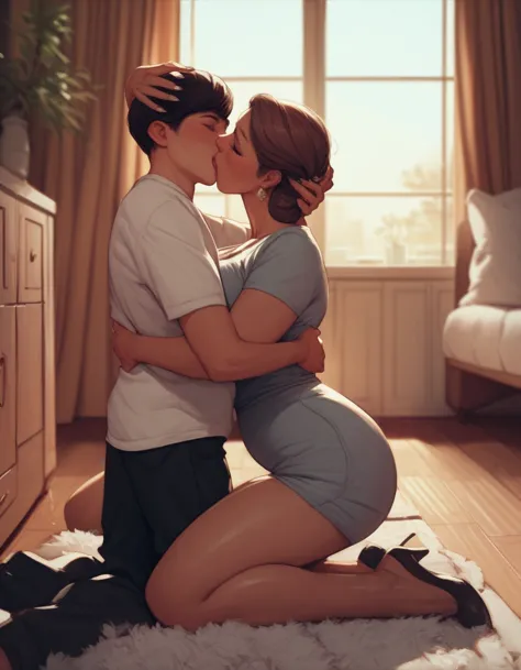 score_9, score_8_up, score_7_up, 1boy, 1girl, mature female, mother and son, kid, hug, kiss, hand on head, kneeling, in a room, ...