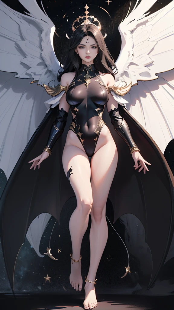 (Realistic picture, highest resolution, 16ก), (A demon god with wide wings and enormous power on his shoulders..., Twelve wings on the shoulders., black bat wings:1.3 white angel wings:1.5), 6 angel wings, 6 devil wings, (Beautiful girl with two meter long hair, shiny black hairงาม, Smooth white skin, Lips are very red.), ((stand, already)), (big breasts, หัวBig tits), (gigantic breast, breast augmentation, Breast 400 cc., small waist, hips raised, small thighs, Long legs), (dynamic poses), (Armor that slightly conceals the body), Separate theme, (Angel wings and devil wings), floating in the air above the groundดิน, background darkness, Embraced with twelve wings, wearing a large king crown, crown shining bright, wears little armor, There is power coming out of the body., sparkling wings, white light black light, amazing wings, beautiful gesture, 8K resolution, Resolution 4000 x 2250 pixels, beautiful gesture, Angel wings and devil wings, (Realistic picture, highest resolution, 16K), (A demon god with wide wings and enormous power on his shoulders.., Twelve wings on the shoulders., black bat wings:1.3 white angel wings:1.5), Have wings 100 Have wings 1000, Angel wings and bat wings, wings inserted between wings, 12 wings, 6 angel wings, 6 bat wings, (Beautiful girl with two meter long hair, shiny black hair, Smooth white skin, Lips are very red.), very long hair, ((stand, toe)), (big breastsโต, หัวBig tits), (gigantic breast, small waist, hips raised, small thighs, Long legs), (dynamic poses), (black and white leotard, There are beautiful patterns., Decorated with gold embroidery., Show off your chest), Separate theme, (Angel Wings and Demon Lord Wings), floating in the air above the ground, background darkness, Embraced with twelve wings, white and black light crown, A rainbow glow on the back of the head, The most busty breasts, Big tits, universe backdrop, dynamic gesture