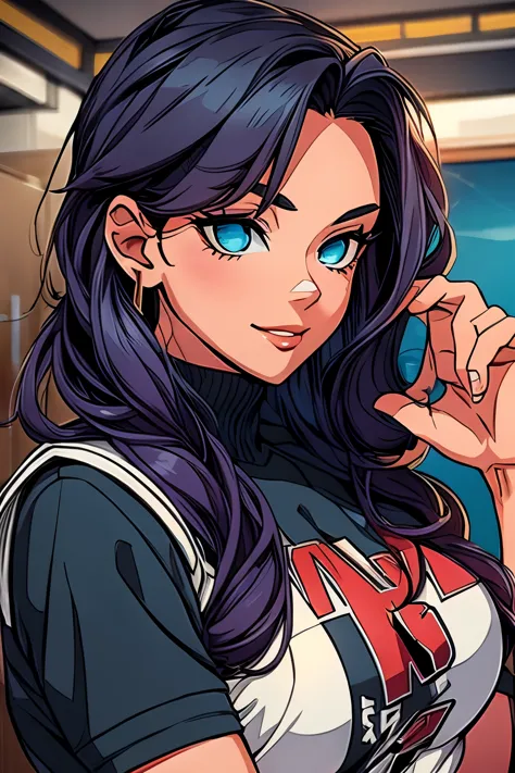 adult midnight (my hero academia), cg 8k ultra-realista, beautiful woman, seductive eyes, make-up, red lips, casual clothes