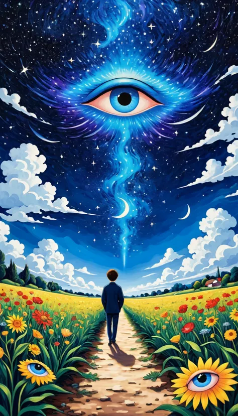 psychedelic art。plant、marine life、(((charming eyes，the third eye)))、cloud、starry sky，galaxy、planet、stitching together an abstrac...