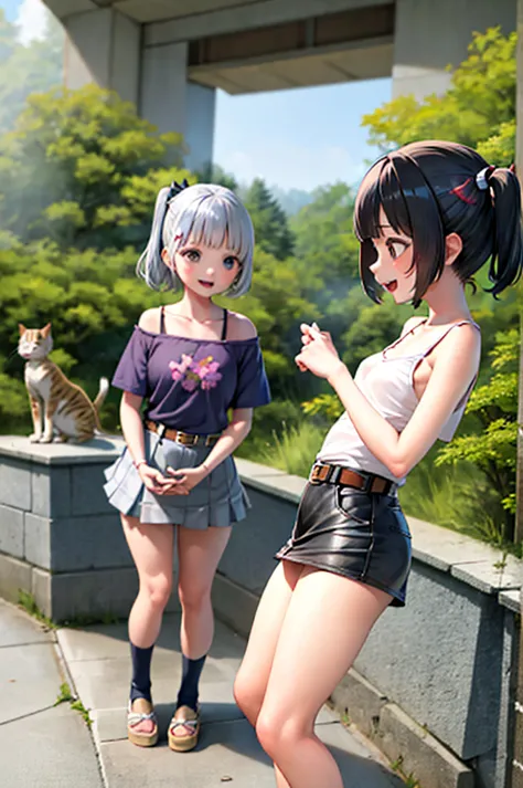 girlish, japanese silver grass, short hair, black hair，low length，small ，side ponytail, cat, belt, mini skirt，camisole, they're ...