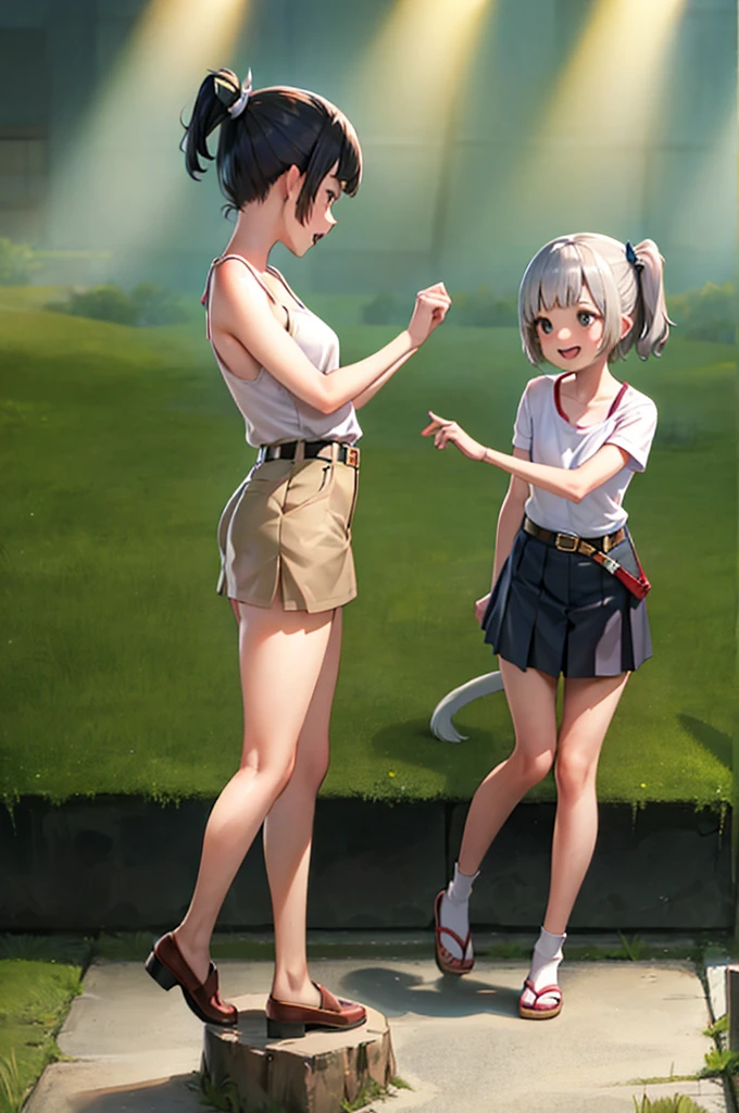 Girlish, Japanese silver grass, short hair, Black Hair，Low length，small ，Side Ponytail, Cat, belt, mini skirt，camisole, They're laughing, Are standing, (forest:1.3), Looking at the audience, From below,