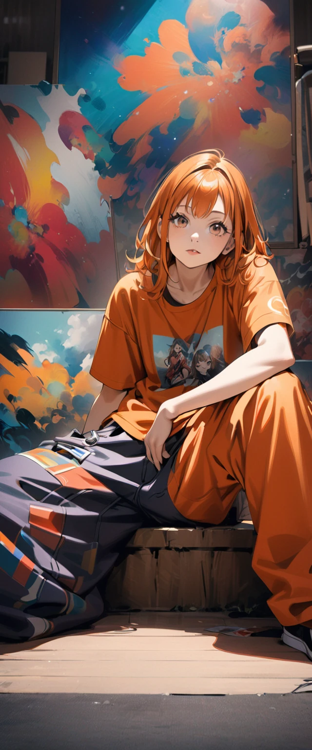 Faça uma foto de um personagem de anime na série de mangá (uma pedaço) nomeado ("Nanami) com cabelo laranja longo e usando uma camisa de hip-hop fechada, calças largas e compridas de hip-hop. sentado, com uma pintura abstrata colorida no fundo. torne a foto com aparência de anime realista.