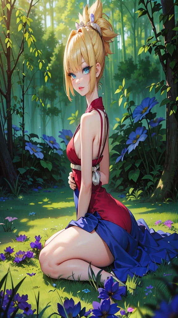 ((1woman, (solo, 1girl, alone), kohaku, blonde hair, blue eyes, tied hair)), smug, ((solo, (1woman, pink lipstick), Extremely detailed, ambient soft lighting, 4k, perfect eyes, a perfect face, perfect lighting, a 1girl)), austere, ((red dress, blue dress, sitting on the ground, sitting on the grass, field of flowers, forest))