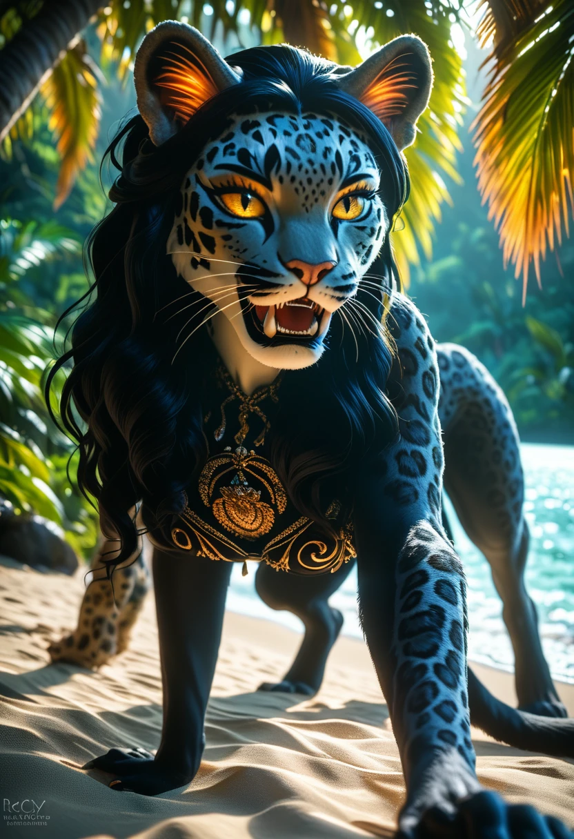 leopard ears, mustache meat, vertically elongated pupils, long straight black hair, beautiful woman in black dress showing her fangs, Crawling on all fours on the beach, luxury tropical mansion and mangrove forest in the background, mythical creature, realisitic, highy detailed, 8k, work of art, dramatic lighting, cinematic, gracious, feline, mighty, intense gaze, perfect  skin, Exquisite details, dynamic pose, atmospheric, stunning colors, Bright dark