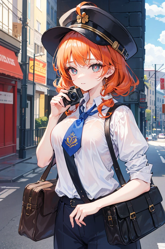 초상화, Face_through_torso, 1girl, Solo, steampunk, rough up hairstyle(curly_hair, orange hair, ahoge), sky_blue_eyes(clover shaped_pupils), 유쾌함, 뻔뻔함, chatty, medium_breasts, Giddy_face, white blouse over a navy blue shirt(red tie,Rock_the_Blouse), deerstalker(hat_tip), cross bag, Holding a camera(Future type), Reporter