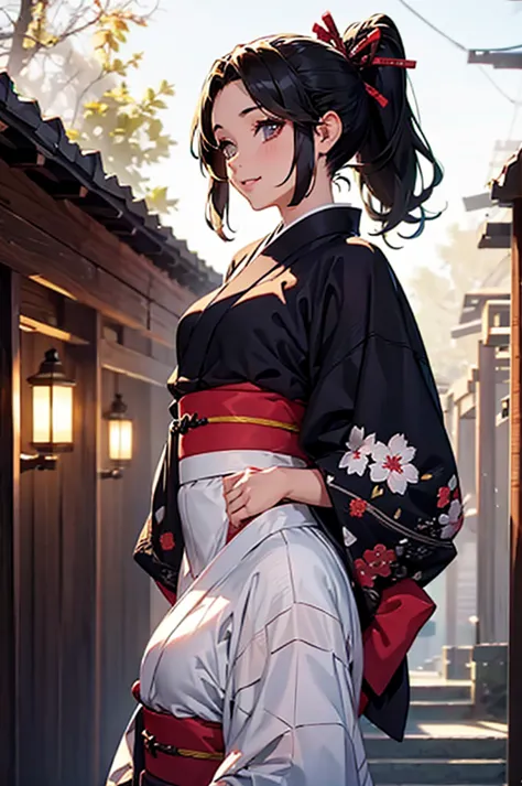 (((beautiful))), (((yukata, kimono))), ((black hair, ponytail, ribbon)), small breasts, sweat, (((intricate details))), high res...