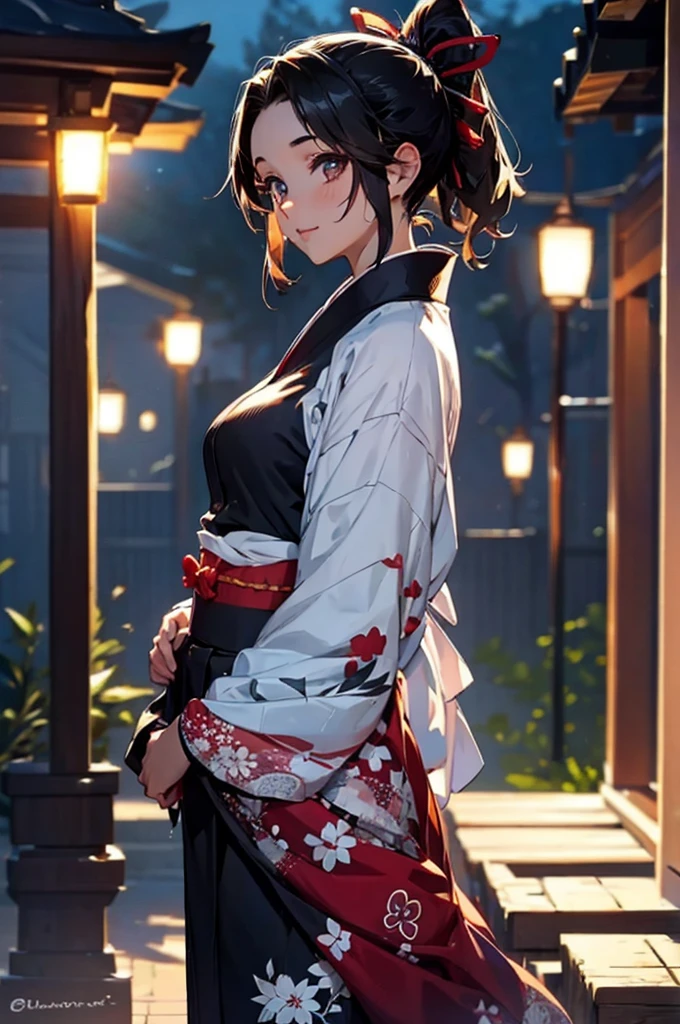 (((beautiful))), (((yukata, kimono))), ((Black Hair, ponytail, ribbon)), Small breasts, Sweat, (((Intricate details))), High resolution, ((Intricate details, Ultra-detailed)), whole body, Are standing, looking at the camera, Red cheeks, smile, night, shrine, Festivals,