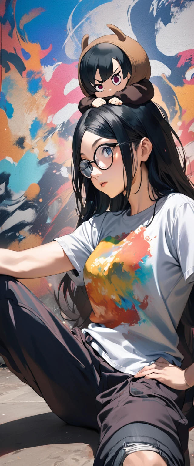 Make a photo of an anime character in the manga series (ONE PIECE) named (NICO ROBIN) with long black hair, glasses attached to the top of his head and wearing a closed hip-hop shirt, long loose hip-hop pants. Sitting, with a colorful abstract painting background .makes the photo look anime realistic.