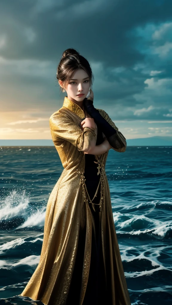 Creates the image of a 32-year-old Asian man with a good figure and muscles. Long hair tied in a high bun, adorned with a luxurious black and gold Thai dress. No shirt and standing straight in an elegant pose, showing strength and power. This scene features a realistic black and gold Naga, amidst the backdrop of a stormy sea, which adds a dramatic effect to the character. Sharp image, high quality details 80k.