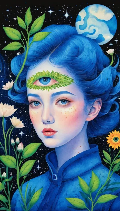 Psychedelic Art。plant、Marine Life、(((Charming eyes，The Third Eye)))、cloud、Starry Sky，Galaxy、Planet、Stitching together an abstrac...