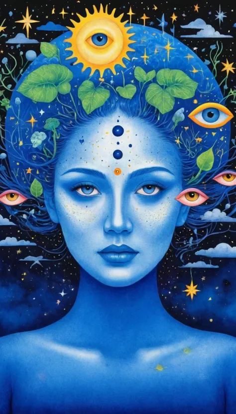 Psychedelic Art。plant、Marine Life、(((Charming eyes，The Third Eye)))、cloud、Starry Sky，Galaxy、Planet、Stitching together an abstrac...