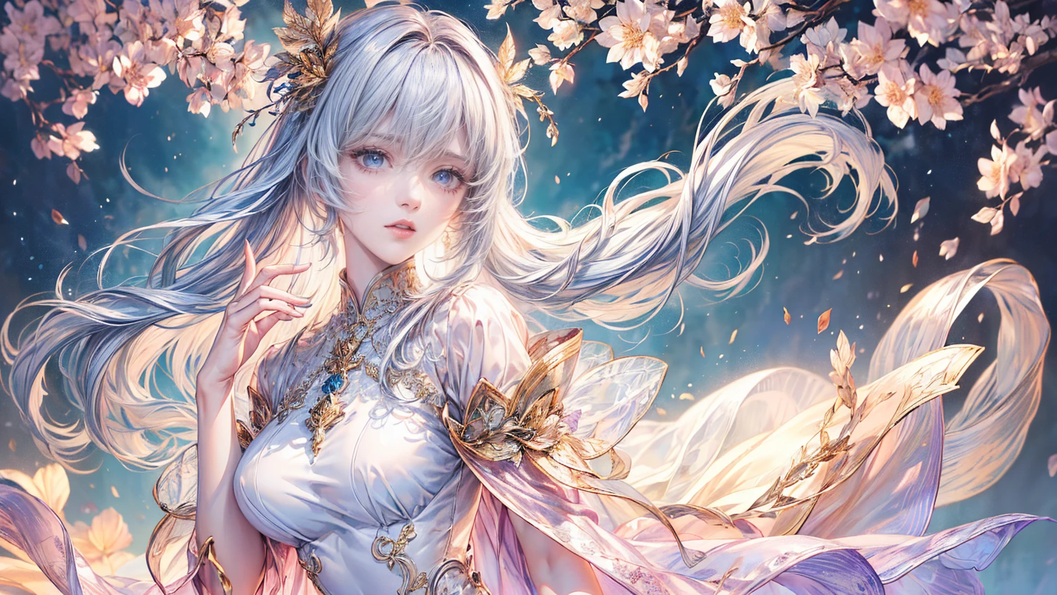 (Highest quality, 8k, CG, Beautiful and detailed whole body, , girl, Transparent coat dress, Floral Background, Complex facial features, length, Floating Hair, Almond Eye, Exquisite eye makeup, length eyelashes fluttering, Blinking big eyes, Starry Sky, Delicate lip detail, Soft and harmonious style)、cute、sexy