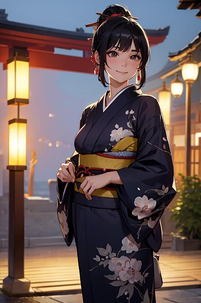 (((beautiful))), (((yukata, kimono))), ((Black Hair, ponytail, ribbon)), Small breasts, Sweat, (((Intricate details))), High resolution, ((Intricate details, Ultra-detailed)), whole body, Are standing, looking at the camera, Red cheeks, smile, night, shrine, Festivals,