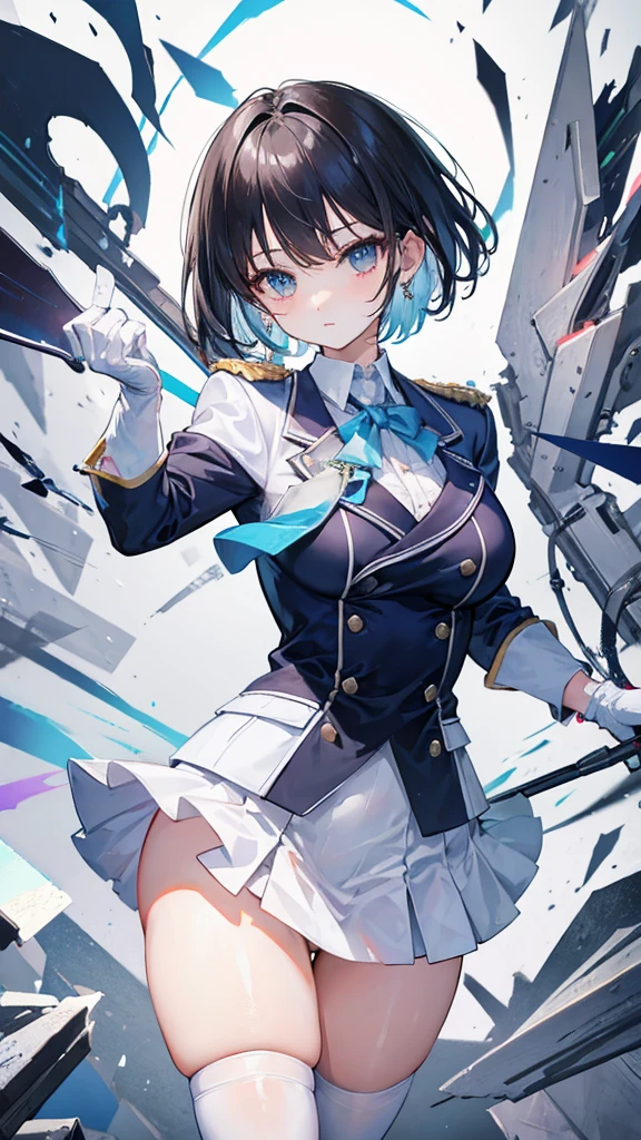 Face Focus , ((Highest quality)), ((Tabletop)), Perfect Face, （((White knee-highs))) ,   Official Art,,Beautiful Face,Standing posture,White tights,((((Thick thighs)))),Earrings,(Huge breasts),Black Hair,((((very-Short-hair)))),((((blazer_uniform)))),mini-skirt,standing pose , ((((gloves)))),