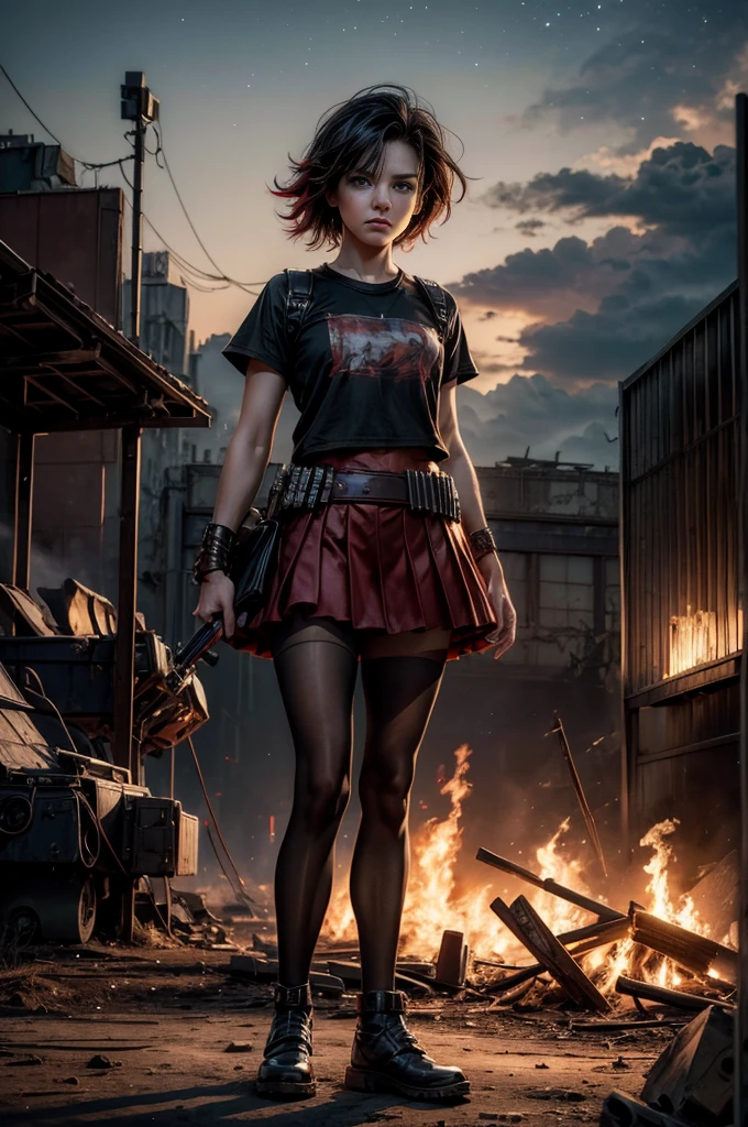 (masterpiece, best quality:1.2), cowboy shot, solo, dynamic pose, 1girl, ruby rose, looking at viewer,  t-shirt, red skirt, pantyhose, standing, outside deserted stadium, bonfires, river, crowd, (crowd in military uniforms), night, stars, closed mouth, serious look, serious expression, post-apocalypse, dystopian future