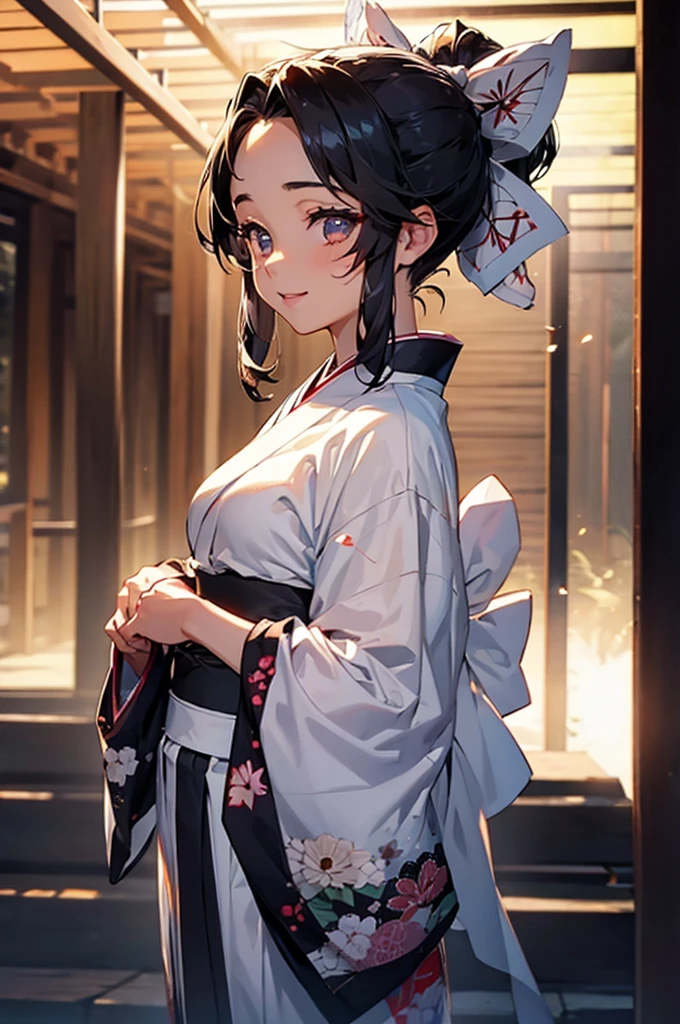 (((beautiful))), (((yukata, kimono))), ((Black Hair, ponytail, ribbon)), Small breasts, Sweat, (((Intricate details))), High resolution, ((Intricate details, Ultra-detailed)), whole body, Are standing, looking at the camera, Red cheeks, smile, night, shrine, Festivals,