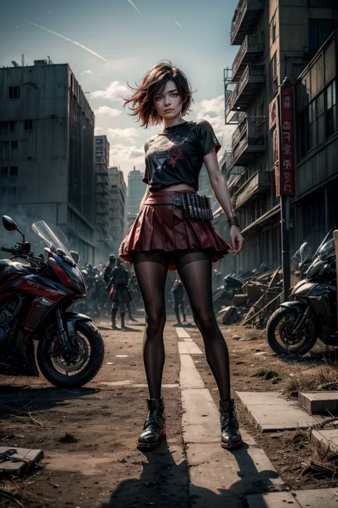 (masterpiece, best quality:1.2), cowboy shot, solo, dynamic pose, 1girl, ruby rose, looking at viewer,  t-shirt, red skirt, pant...