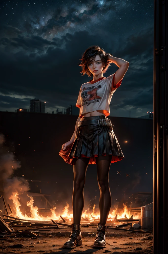 (masterpiece, best quality:1.2), cowboy shot, solo, dynamic pose, 1girl, ruby rose, looking at viewer,  t-shirt, red skirt, pantyhose, standing, outside deserted stadium, bonfires, river, crowd, (crowd in military uniforms), night, stars, closed mouth, serious look, serious expression, post-apocalypse, dystopian future