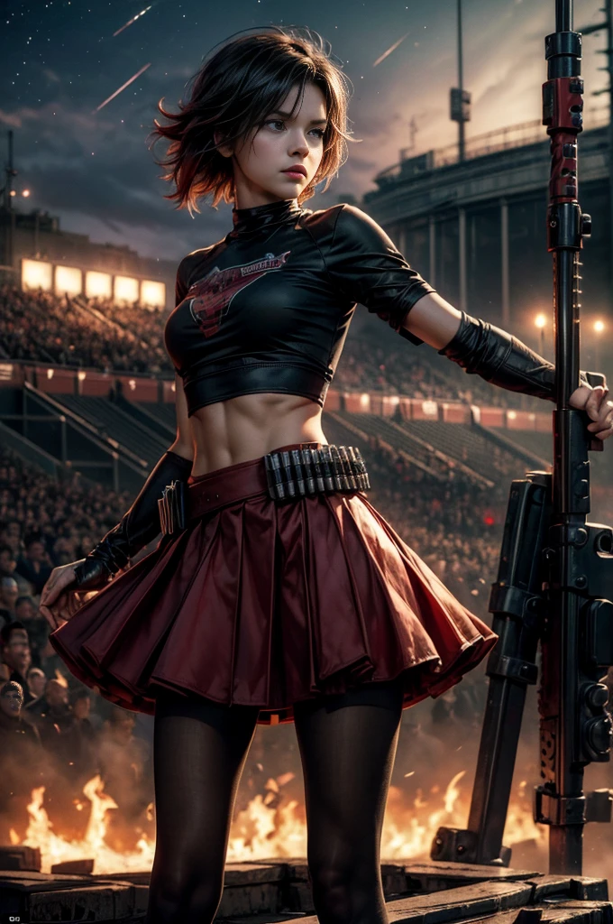 (masterpiece, best quality:1.2), cowboy shot, solo, dynamic pose, 1girl, ruby rose, looking at viewer,  t-shirt, red skirt, pantyhose, standing, outside deserted stadium, bonfires, river, crowd, (crowd in military uniforms), night, stars, closed mouth, serious look, serious expression, post-apocalypse, dystopian future