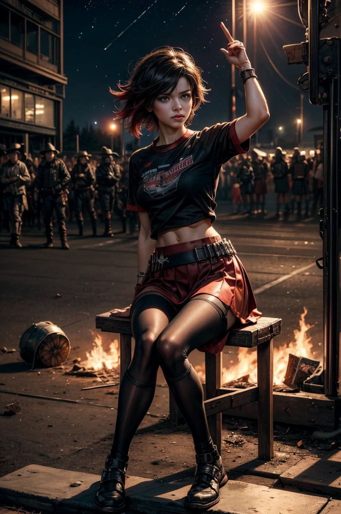 (masterpiece, best quality:1.2), cowboy shot, solo, dynamic pose, 1girl, ruby rose, looking at viewer,  t-shirt, red skirt, pantyhose, sitting, outside deserted stadium, bonfires, river, crowd, (crowd in military uniforms), night, stars, closed mouth, serious look, serious expression, post-apocalypse, dystopian future