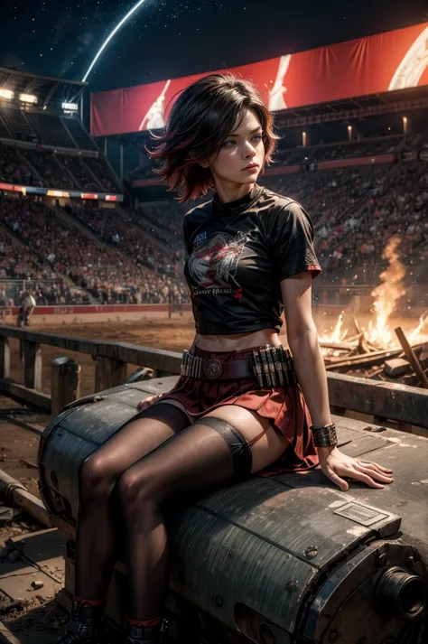 (masterpiece, best quality:1.2), cowboy shot, solo, dynamic pose, 1girl, ruby rose, looking at viewer,  t-shirt, red skirt, pant...