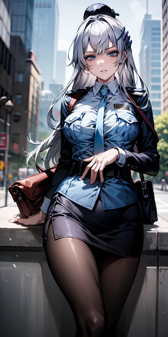 An absurd solution, High resolution, (masterpiece:1.4), Super detailed, One girl,Blue colored eyes, Long black hair，Please wear a police uniform and a short skirt, White handbag、pantyhose、City streets,Sexy posture, The camera is close to the body,Silver Hair,