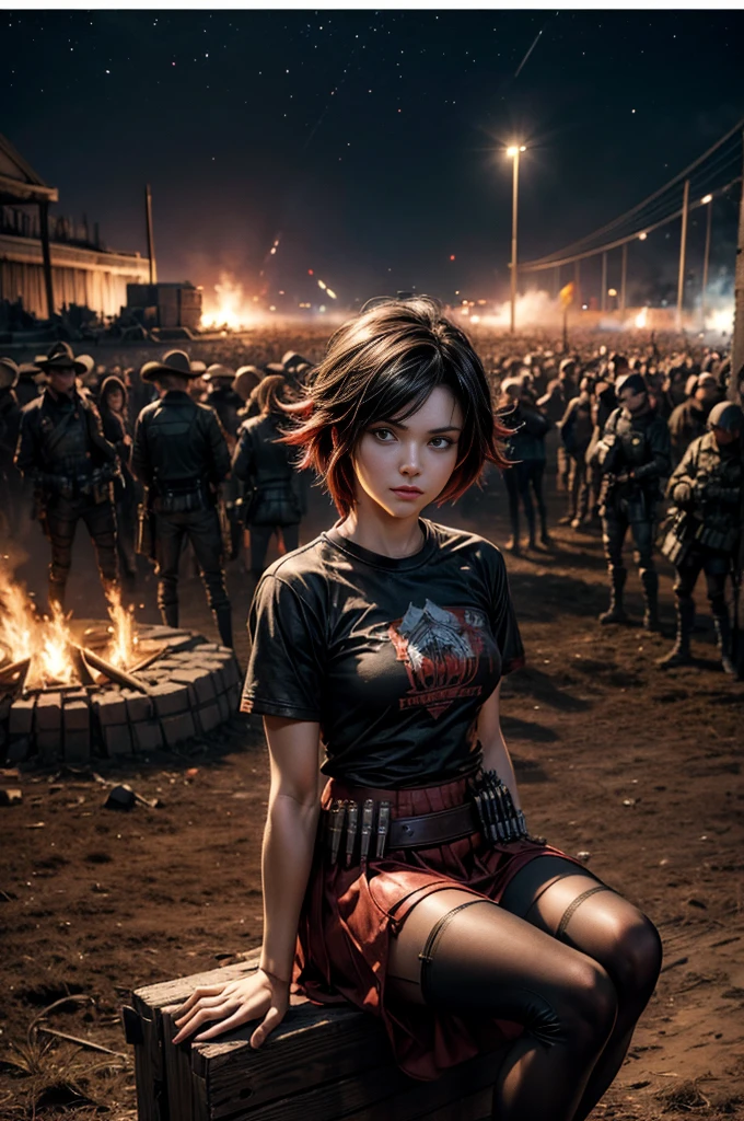 (masterpiece, best quality:1.2), cowboy shot, solo, dynamic pose, 1girl, ruby rose, looking at viewer,  t-shirt, red skirt, pantyhose, sitting, outside deserted stadium, bonfires, river, crowd, (crowd in military uniforms), night, stars, closed mouth, serious look, serious expression, post-apocalypse, dystopian future