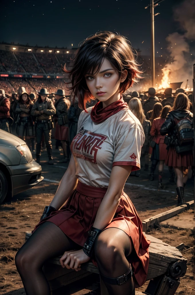 (masterpiece, best quality:1.2), cowboy shot, solo, dynamic pose, 1girl, ruby rose, looking at viewer,  t-shirt, red skirt, pantyhose, sitting, outside deserted stadium, bonfires, river, crowd, (crowd in military uniforms), night, stars, closed mouth, serious look, serious expression, post-apocalypse, dystopian future